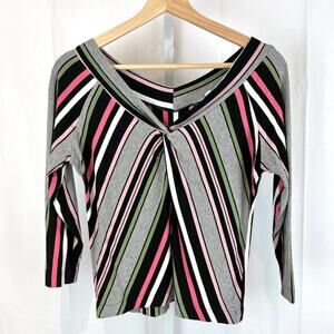 ANDRIA LIEU COLLECTION M Stripe 3/4 Sleeve Twist V Neck Top Shirt Multicolor USA